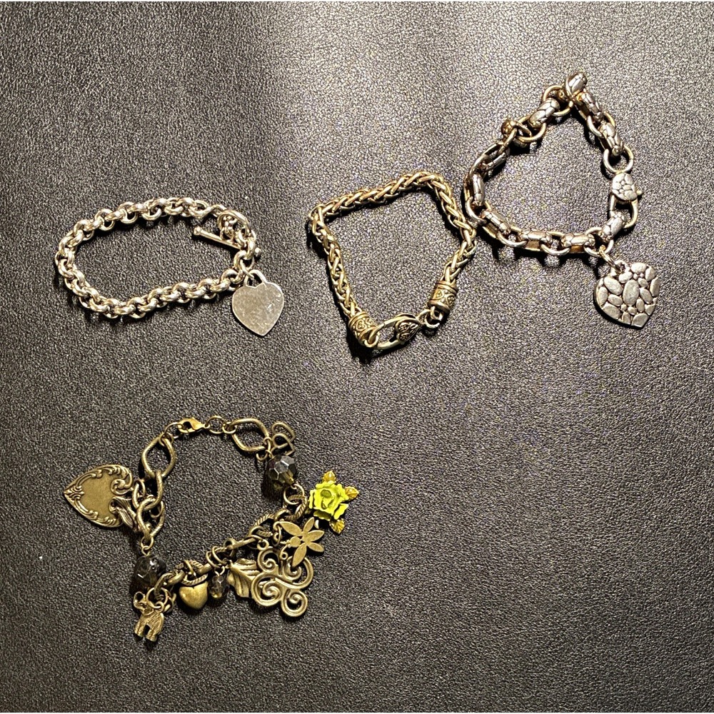 Lot of 4 Metal Charm Bracelets Heart & Floral Charms